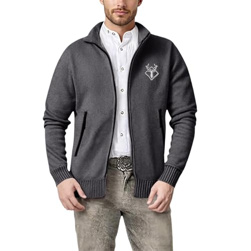 Trachtenjacke Herren Strickjacke Sommer,Trachtenjanker Für Herren Lang Langarm Sportlich Rehkitz Strickjacke Trachtenjacke Modern Leicht mit Reißverschluss Strick Sweatjacke Oktoberfest Grey L von Nuqqichongtian