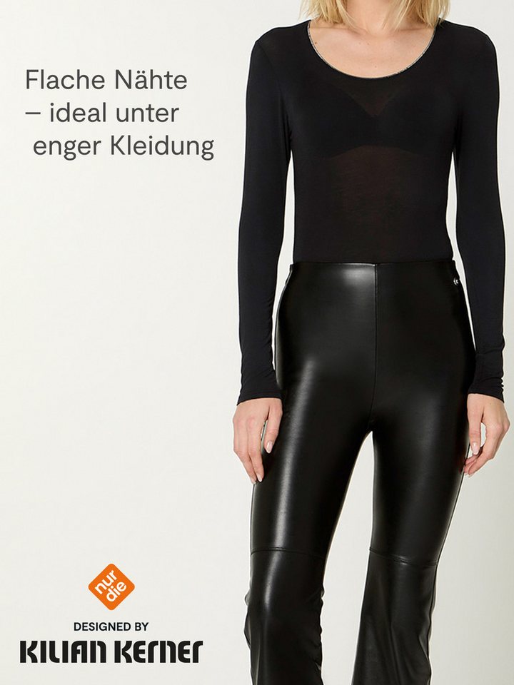 Nur Die Body NUR DIE X KILIAN KERNER Damen Body Micromodal Glitzer-Abschluss Glitzer-Effekt am Ausschnitt - atmungsaktiv - figurbetonter Schnitt von Nur Die