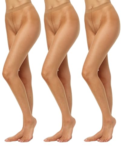 Nur Die 3er Pack Transparent 15 DEN Fein-Strumpfhose seidig glänzende Optik Komfortbund feine Naht unsichtbar Damen, bronze, L von Nur Die