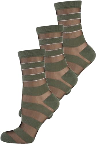 Nur Die Damen Freizeitsocken 3-Pack Trendsöckchen Söckchen Füßlinge Transparent modernes Design angenehme Passform - khaki Streifen - Größe 39-42 von Nur Die