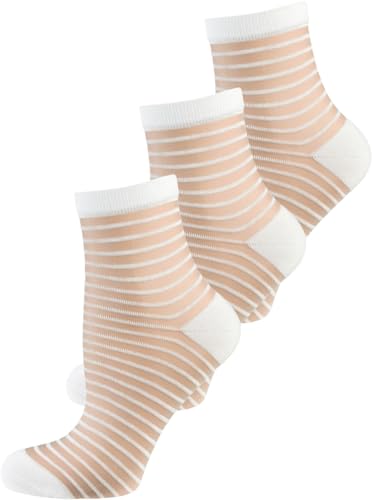Nur Die Damen Freizeitsocken 3-Pack Trendsöckchen Söckchen Füßlinge Transparent modernes Design angenehme Passform - weiß Streifen - Größe 35-38 von Nur Die