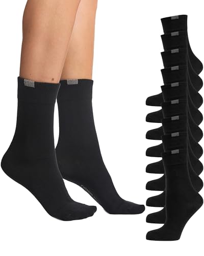 Nur Die Damen 9er Pack Passt Perfekt Atmungsaktive Baumwolle Einfarbig Komfortbund Ohne Drückende Naht Socken, Schwarz, 39-42 EU von Nur Die