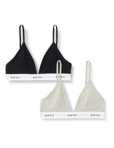 Nur Die 2er Pack Soft BH sportlich ohne Bügel bügelloser BH Triangel Bra Bustier Baumwolle Damen, Graumelange/schwarz, L von Nur Die