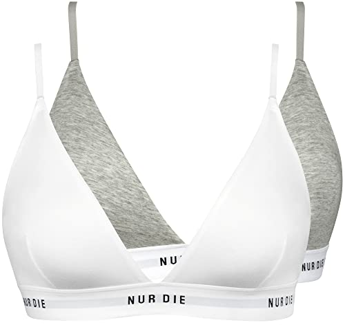 Nur Die 2er Pack Soft BH sportlich ohne Bügel bügelloser BH Triangel Bra Bustier Baumwolle Damen, Graumelange/Weiss, L von Nur Die
