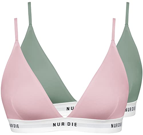 Nur Die 2er Pack Soft BH sportlich ohne Bügel bügelloser BH Triangel Bra Bustier Baumwolle Damen, Khaki/Rose, L von Nur Die
