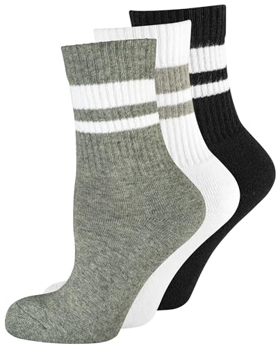 Nur Die 3er Pack Retro Tennissocken Hohe Sport Socken mit Streifen aus atmungsaktiver Baumwolle Damen, weiß/grau/schwarz, 35-38 von Nur Die