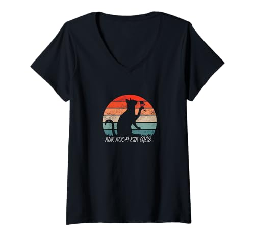 Damen Lustige Katze mit Weinglas Retro Sonnenuntergang T-Shirt mit V-Ausschnitt von Nur noch ein Wein Spruch für Weinliebhaber