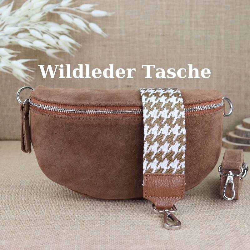Wildleder Bauchtasche Damen - Crossbody Tasche Mit Gemusterten Trägern, Braune Schultertasche, Verschiedene Größen, Geschenk Valentinstag von NurPelle