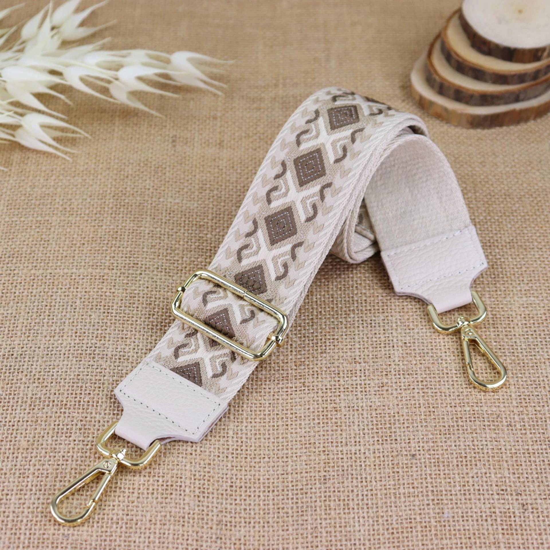 Taschenriemen Mit Goldener Hardware Für Taschen Goldenen Reißverschlüssen, Gemusterte Lederriemen Frauen, Creme Breite Schultergurte von NurPelle