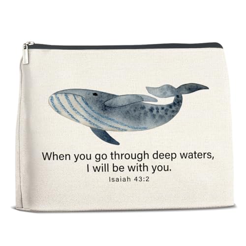 Christliche Make-up-Tasche mit Wal, Kosmetiktasche für Damen, christliches religiöses Geschenk, Isaia 43:2 When You Go Through Deep Waters, Make-up-Tasche mit Reißverschluss, Reise-Kulturbeutel von Nurawo
