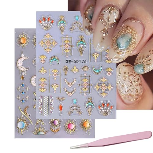 Nurila 2 Stück Nagelsticker, Retro Sterne Sonne Mond Muster Nail Sticker, Nagelsticker Selbstklebend mit Rosa Pinzette, Nail Art Stickers Nagel Aufkleber für Nageldekoration Frauen Nagel DIY Art Nurila 2 Stück Nagelsticker, Retro Sterne Sonne Mond Muster Nail Sticker, Nagelsticker Selbstklebend mit Rosa Pinzette, Nail Art Stickers Nagel Aufkleber für Nageldekoration Frauen Nagel DIY Art von Nurila