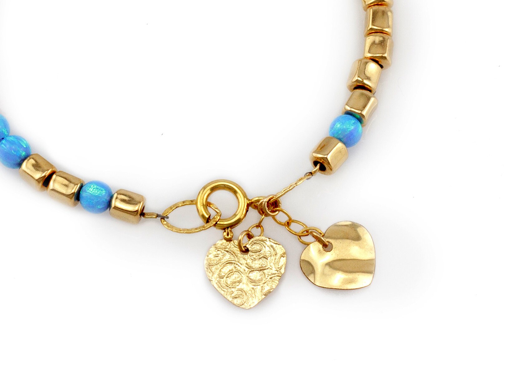 Opal Perlen Armband Mit Gold Filled Herz Anhängern - Personalisiertes Geburtsstein Geschenk von NuritJewelryGifts