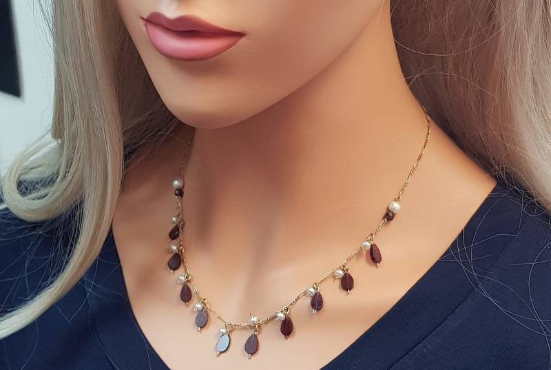 Gold Filled Granat Halskette Mit Perlen Januar Birthstone Schmuck von NuritJewelryGifts