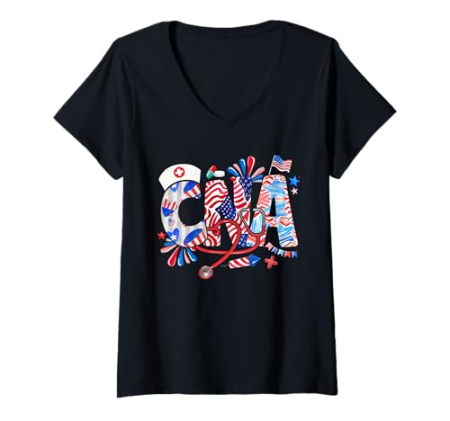 Damen CNA 4th Of July US Flag Fireworks Patriotic Job Team T-Shirt mit V-Ausschnitt von Nurse 4th Of July Costume
