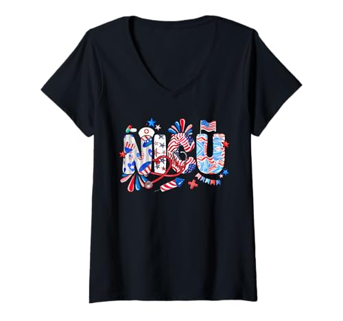 Damen NICU 4th Of July US Flag Fireworks Patriotic Job Team T-Shirt mit V-Ausschnitt von Nurse 4th Of July Costume