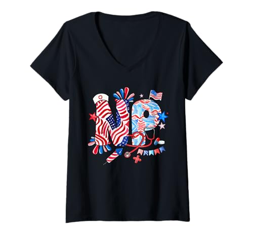 Damen PN 4th Of July US Flag Fireworks Patriotic Job Team T-Shirt mit V-Ausschnitt von Nurse 4th Of July Costume