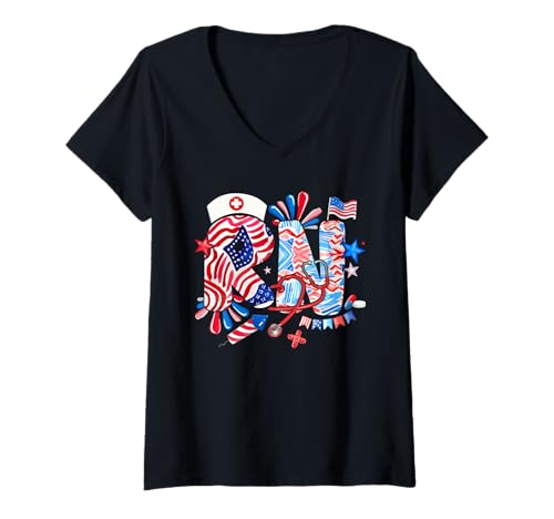 Damen RN 4th Of July US Flag Fireworks Patriotic Job Team T-Shirt mit V-Ausschnitt von Nurse 4th Of July Costume
