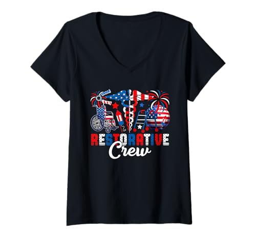 Damen Restorative Crew 4th Of July US Flag Patriotic Medical Group T-Shirt mit V-Ausschnitt von Nurse 4th Of July Costume