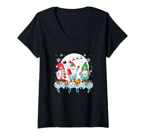 Damen DREI Bunte Zwerge mit Krankenschwesterwerkzeugen, Weihnachten T-Shirt mit V-Ausschnitt von Nurse Christmas Costume