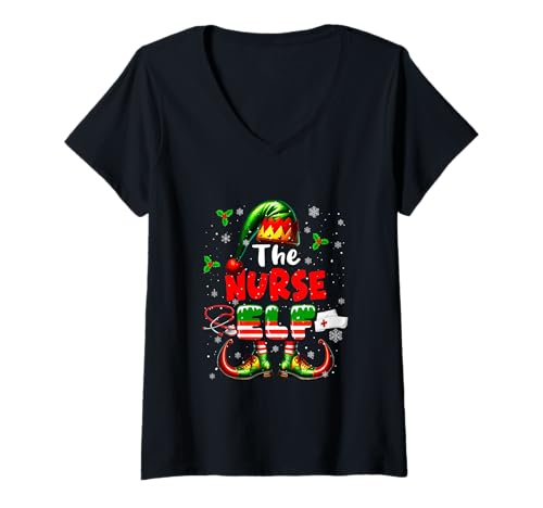 Damen Lustige Jobteam-Matching-Partys von The Nurse Elf zu Weihnachten T-Shirt mit V-Ausschnitt von Nurse Christmas Costume