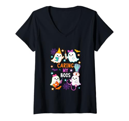 Damen Caring My Boos Group Boo Ghost As Nurse Doctor Halloween T-Shirt mit V-Ausschnitt Damen Caring My Boos Group Boo Ghost As Nurse Doctor Halloween T-Shirt mit V-Ausschnitt von Nurse Halloween Costume