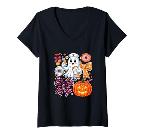 Damen Halloween Boo Ghost As Nurse Colorful Bow Ties Flowers T-Shirt mit V-Ausschnitt Damen Halloween Boo Ghost As Nurse Colorful Bow Ties Flowers T-Shirt mit V-Ausschnitt von Nurse Halloween Costume