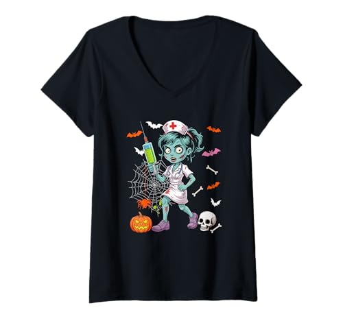 Damen Horror Zombie As Nurse Halloween Matching Nursing Team T-Shirt mit V-Ausschnitt Damen Horror Zombie As Nurse Halloween Matching Nursing Team T-Shirt mit V-Ausschnitt von Nurse Halloween Costume