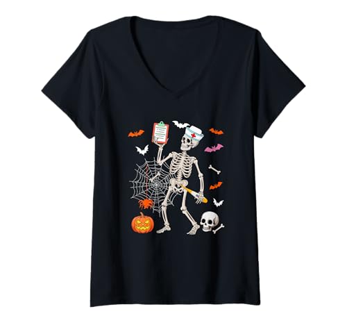 Damen Krankenschwester Job Horror Skelett Halloween Kostüm Team T-Shirt mit V-Ausschnitt Damen Krankenschwester Job Horror Skelett Halloween Kostüm Team T-Shirt mit V-Ausschnitt von Nurse Halloween Costume