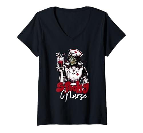 Damen Spooky Nurse Halloween Costume Cosplay Horror Witch T-Shirt mit V-Ausschnitt Damen Spooky Nurse Halloween Costume Cosplay Horror Witch T-Shirt mit V-Ausschnitt von Nurse Halloween Costume