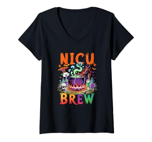 Damen NICU Brew Halloween Cosplay Witch Lover Costume Nurse Team T-Shirt mit V-Ausschnitt von Nurse Holiday List Costume