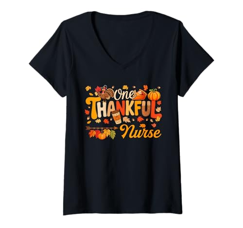 Damen Eine dankbare Krankenschwester Thanksgiving Herbst Türkei Stolzer Job T-Shirt mit V-Ausschnitt von Nurse Thanksgiving Costume