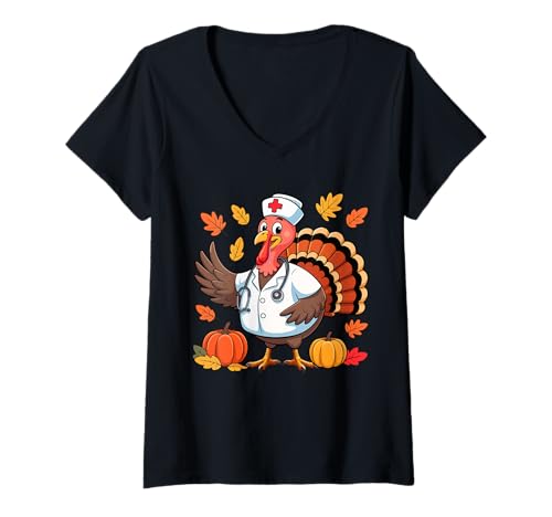 Damen Krankenschwester Job Thanksgiving Truthahn Herbst Blätter Kürbisse T-Shirt mit V-Ausschnitt von Nurse Thanksgiving Costume