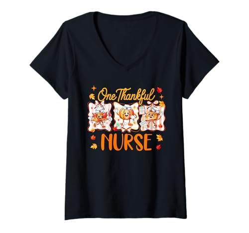 Damen One Thankful Nurse Thanksgiving Herbstblätter Kürbiskuchen T-Shirt mit V-Ausschnitt Damen One Thankful Nurse Thanksgiving Herbstblätter Kürbiskuchen T-Shirt mit V-Ausschnitt von Nurse Thanksgiving Costume