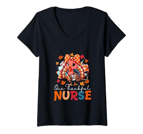 Damen One Thankful Nurse Thanksgiving Truthahn Fliege Damen T-Shirt mit V-Ausschnitt von Nurse Thanksgiving Costume