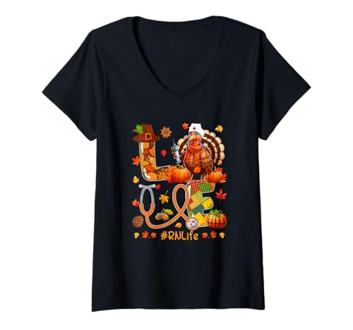 Damen RN Costume Nurse Thanksgiving Autumn Turkey Proud Job T-Shirt mit V-Ausschnitt Damen RN Costume Nurse Thanksgiving Autumn Turkey Proud Job T-Shirt mit V-Ausschnitt von Nurse Thanksgiving Costume