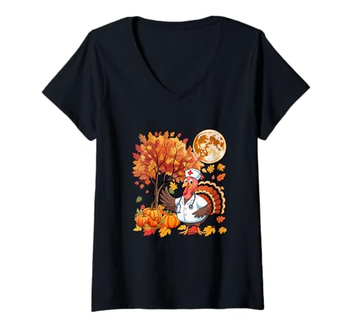 Damen Turkey Costume Nurse Tools Thanksgiving Fall Leaves Pumpkins T-Shirt mit V-Ausschnitt Damen Turkey Costume Nurse Tools Thanksgiving Fall Leaves Pumpkins T-Shirt mit V-Ausschnitt von Nurse Thanksgiving Costume
