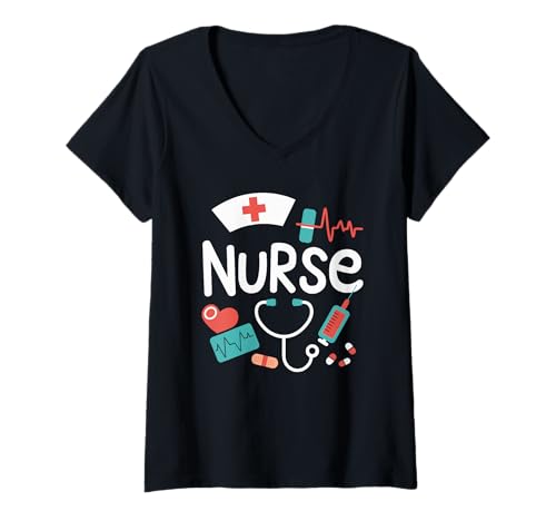 Damen Nurse Pflege Symbole Wertschätzung Stolz Pflegekraft T-Shirt mit V-Ausschnitt Damen Nurse Pflege Symbole Wertschätzung Stolz Pflegekraft T-Shirt mit V-Ausschnitt von Nurse Week 2025 Pflegehelden Danke NURSE