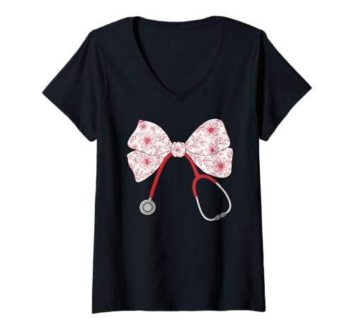 Damen Krankenschwester-Stethoskop, für Frauen | Schleife, Kokette & Stillen T-Shirt mit V-Ausschnitt Damen Krankenschwester-Stethoskop, für Frauen | Schleife, Kokette & Stillen T-Shirt mit V-Ausschnitt von Nurses Gift Ideas for Women for Work
