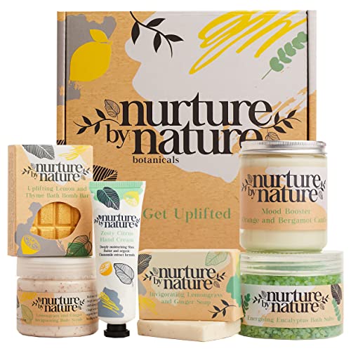 Nurture by Nature, Entspannung & Uplift, Verwöhnkörbe für Frauen, Spa-Badeset, Badesalz, Aromatherapie, Seife, Badekugeln, Kerze & mehr, Geburtstagsgeschenk von Nurture by Nature Botanicals