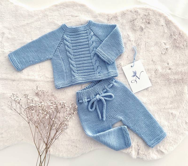 Neugeborenen Baby Jungen 0-3 Monate Hand Gestrickter Pullover Und Hose Wolle Outfit von NuschBoutique