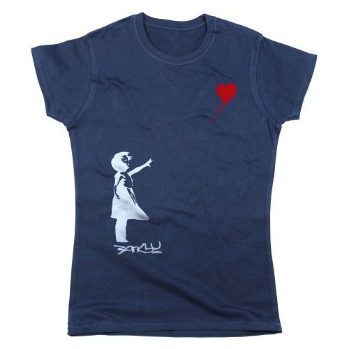 Nutees Banksy Girl Heart Shaped Balloon Damen T Shirt - Marineblau Medium von Nutees