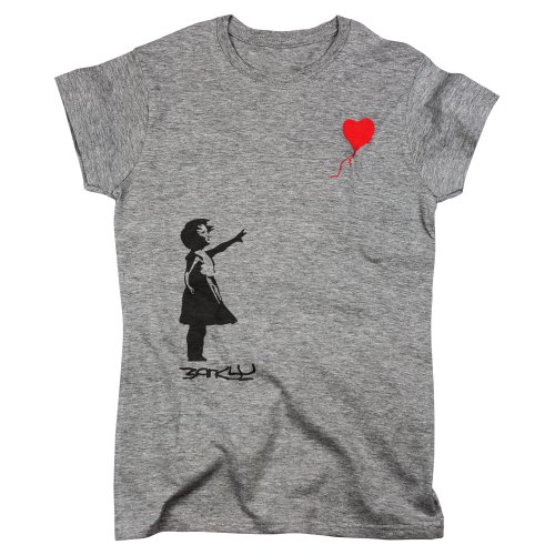 Nutees Banksy Girl Heart Shaped Balloon Damen T Shirt - Sport Grau Large von Nutees