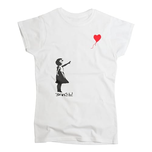 Nutees Banksy Girl with Heart Shaped Balloon Frauen T-Shirt (Weiß), Small von Nutees