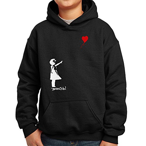 Nutees Banksy Girl Heart Shaped Balloon Komisch Unisex Kinder Kapuzenpullover - Schwarz 9/11 Years von Nutees