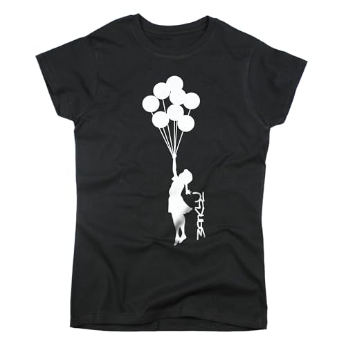 Nutees Banksy Girl with Balloons Graffiti Frauen T-Shirt (Schwarz), Small von Nutees