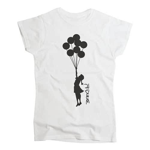 Nutees Banksy Girl with Balloons Graffiti Frauen T-Shirt (Weiß), Medium von Nutees