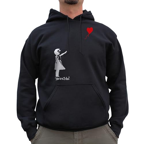 Nutees Banksy Girl with Heart Shaped Balloon Kapuzenpullover (Schwarz), X-Large von Nutees