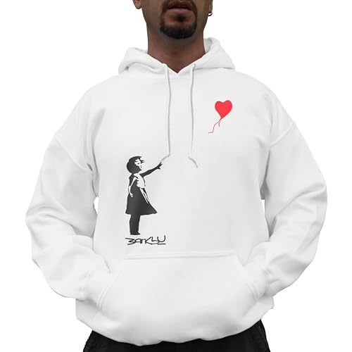 Nutees Banksy Girl with Heart Shaped Balloon Kapuzenpullover (Weiß), Medium von Nutees