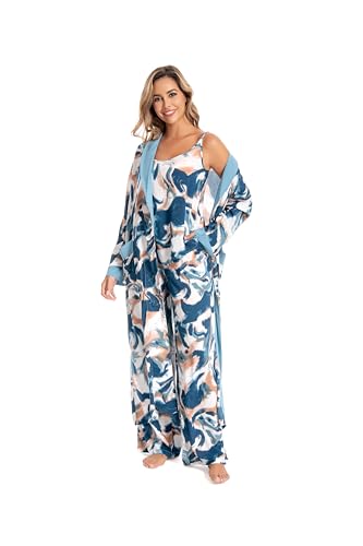 Nutria Damen Pyjama Lang 3-teiliges Lounge Set, Sommer Homewear Schlafanzug, Cami Träger Top Weite Hose Bademantel Set Frauen Pjs D08 Blau (Top+Hose+Bademantel) XL von Nutria