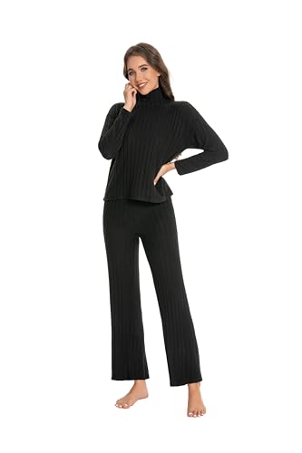 Nutria Damen Schlafanzug Set Streifen Mikrofleece Langarm Pyjama mit Hohem Kragen Weicher Loungewear für Frauen Elastische Nachtwäsche für Herbst und Winter Homewear Unterhemd und Freizeitmode D10 von Nutria